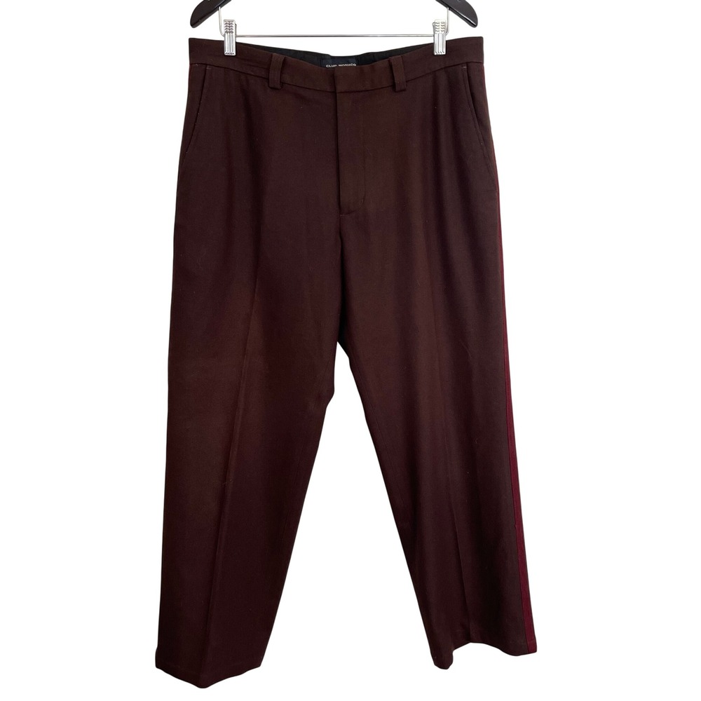 Club Monaco Mens 36 Wool Blend Trousers Brown Burgundy Side Stripe Straight Leg